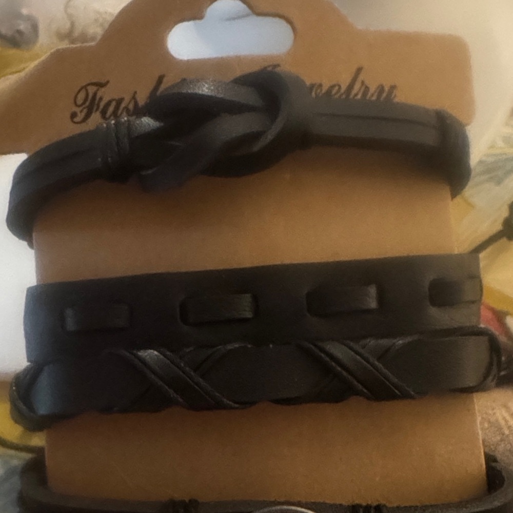 Men's Black Leather Bracelet Set